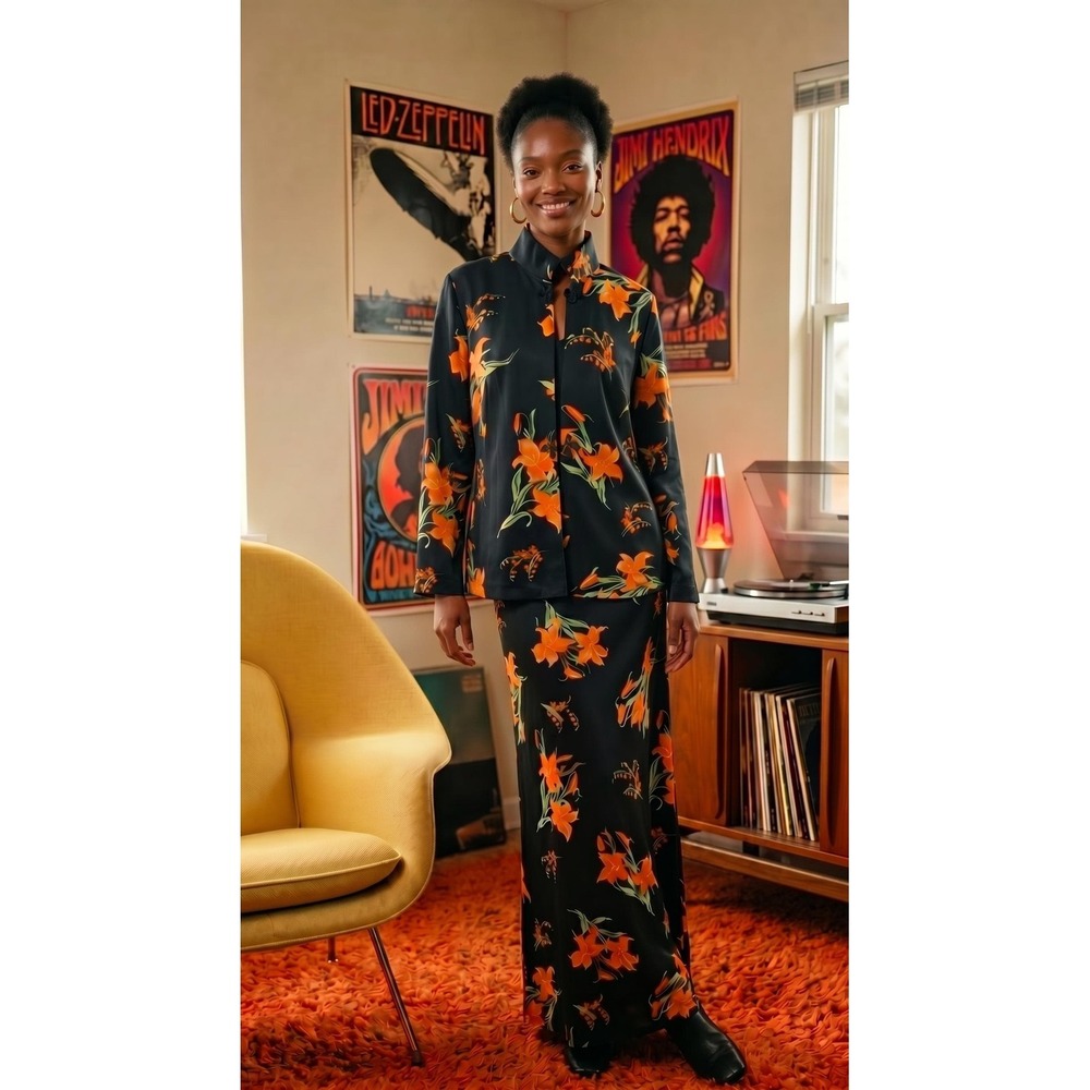 Vintage 70s 2-Piece Black and Orange Maxi Dress and Mandarin Jacket Size Large